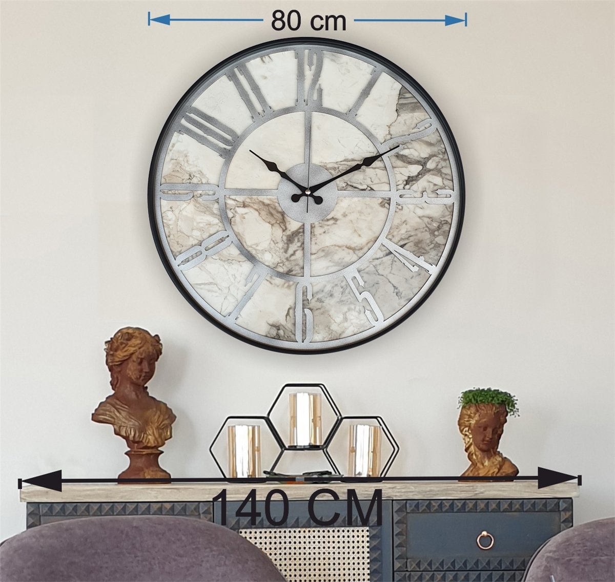 Markakanvas Siyah Metal Kasalı Mermer Desenli  Duvar Saati  ( Çap 50 cm -Çap 80 cm )