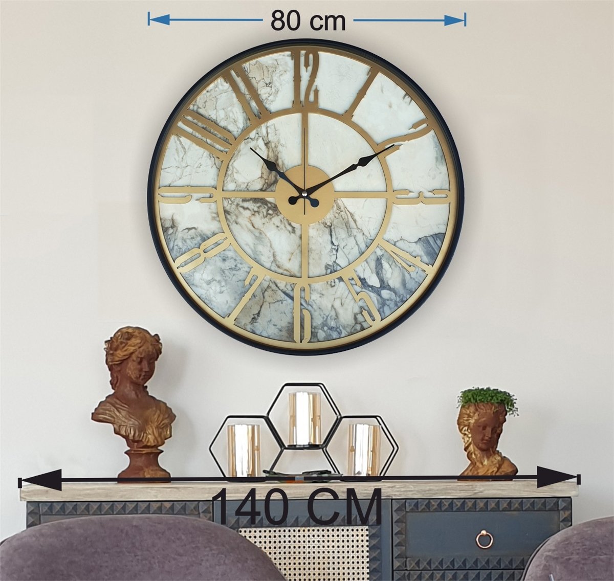 Markakanvas Siyah Metal Kasalı Mermer Desenli  Duvar Saati  ( Çap 50 cm -Çap 80 cm )