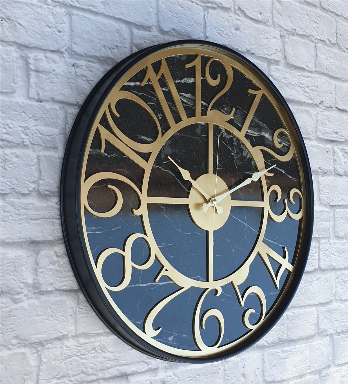 Markakanvas Siyah Metal Kasalı Mermer Desenli  Duvar Saati  ( Çap 50 cm -Çap 80 cm )