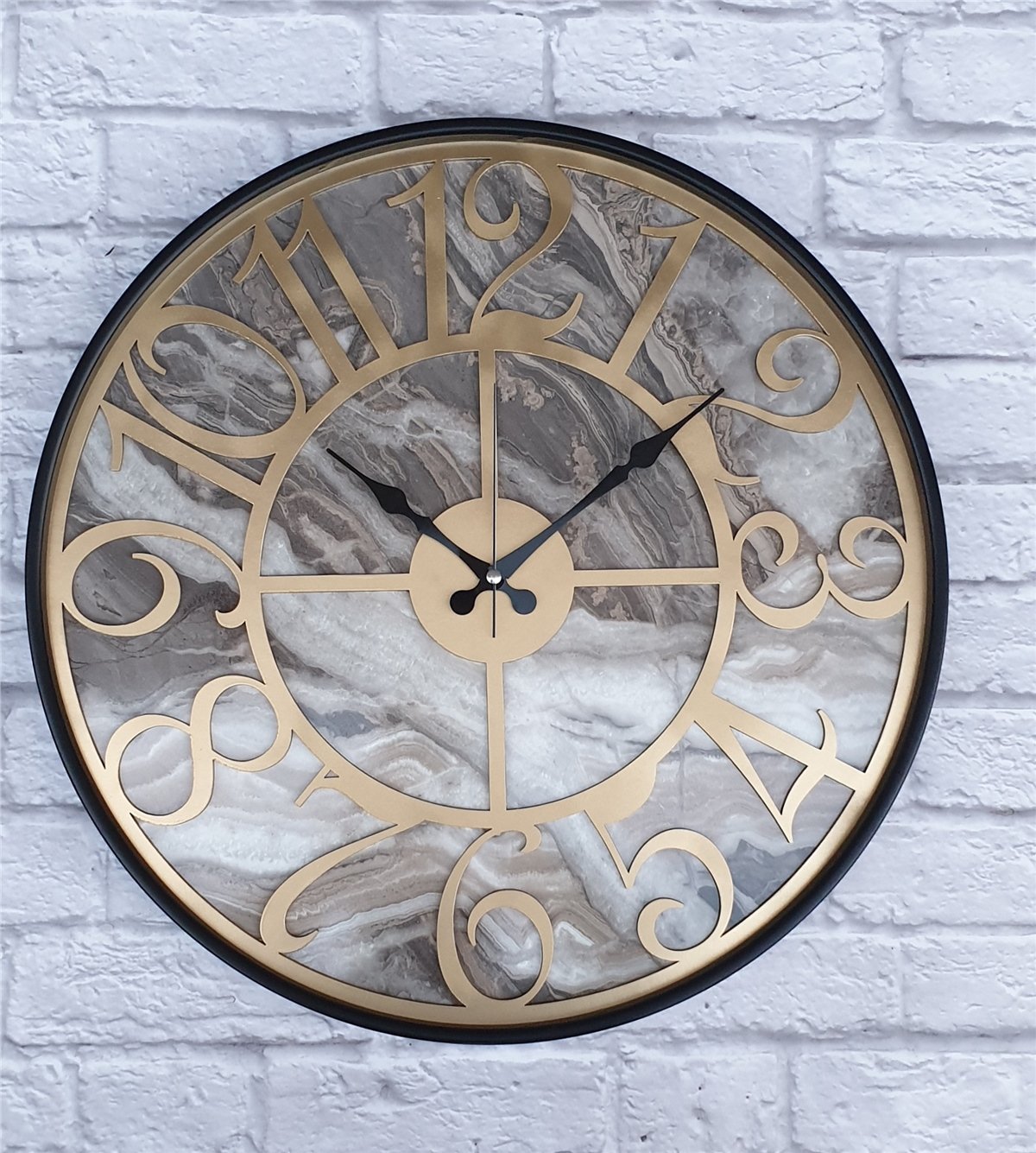 Markakanvas Siyah Metal Kasalı Mermer Desenli  Duvar Saati  ( Çap 50 cm -Çap 80 cm )