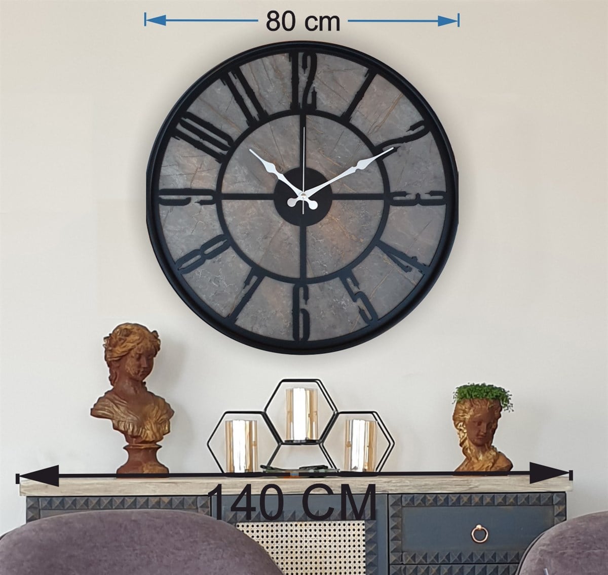Markakanvas Siyah Metal Kasalı Mermer Desenli  Duvar Saati  ( Çap 50 cm -Çap 80 cm )
