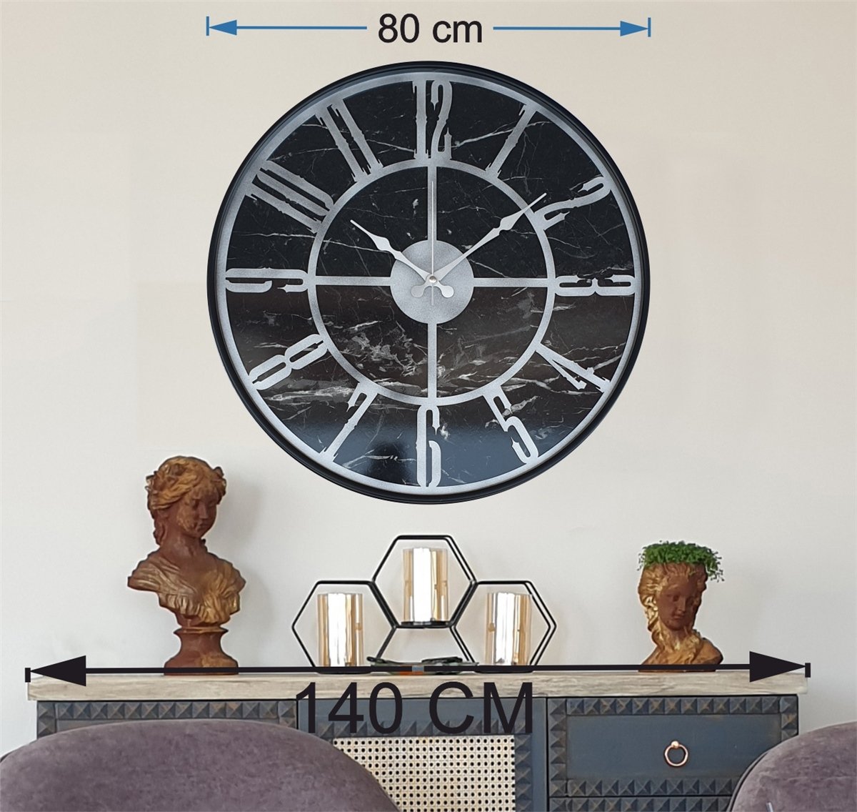 Markakanvas Siyah Metal Kasalı Mermer Desenli  Duvar Saati  ( Çap 50 cm -Çap 80 cm )