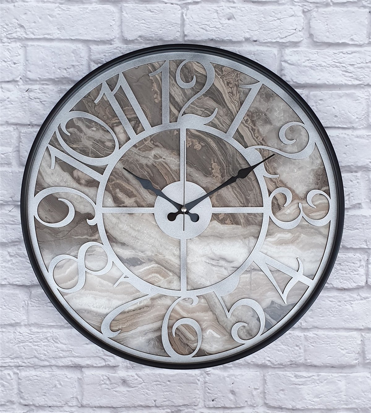 Markakanvas Siyah Metal Kasalı Mermer Desenli  Duvar Saati  ( Çap 50 cm -Çap 80 cm )