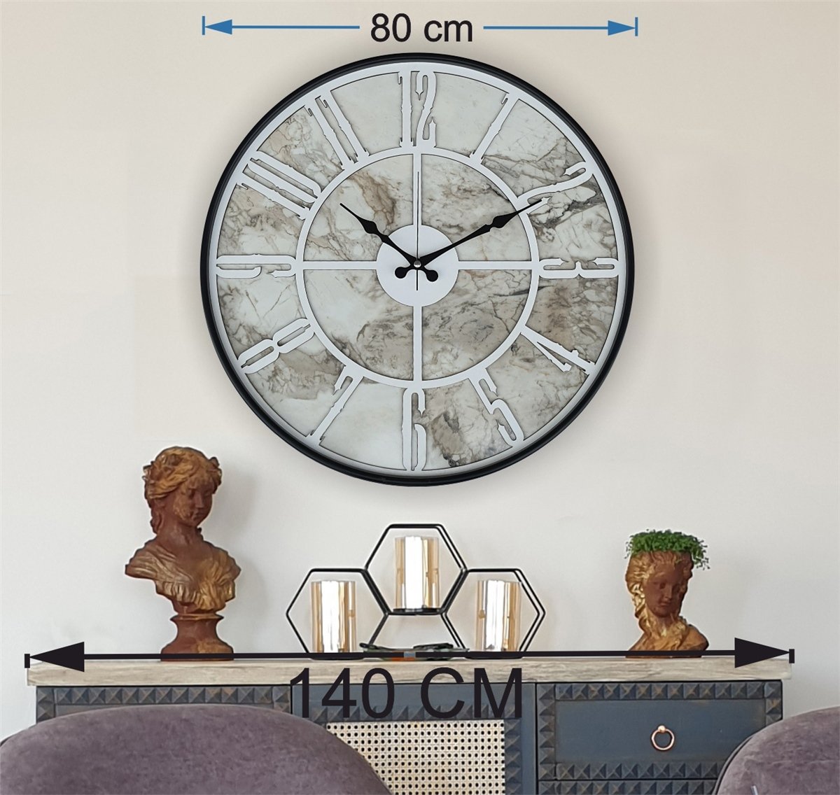 Markakanvas Siyah Metal Kasalı Mermer Desenli  Duvar Saati  ( Çap 50 cm -Çap 80 cm )