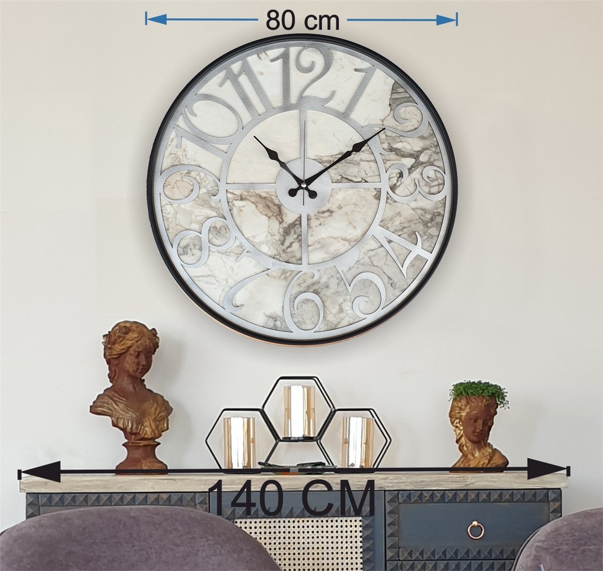 Markakanvas Siyah Metal Kasalı Mermer Desenli  Duvar Saati  ( Çap 50 cm -Çap 80 cm )