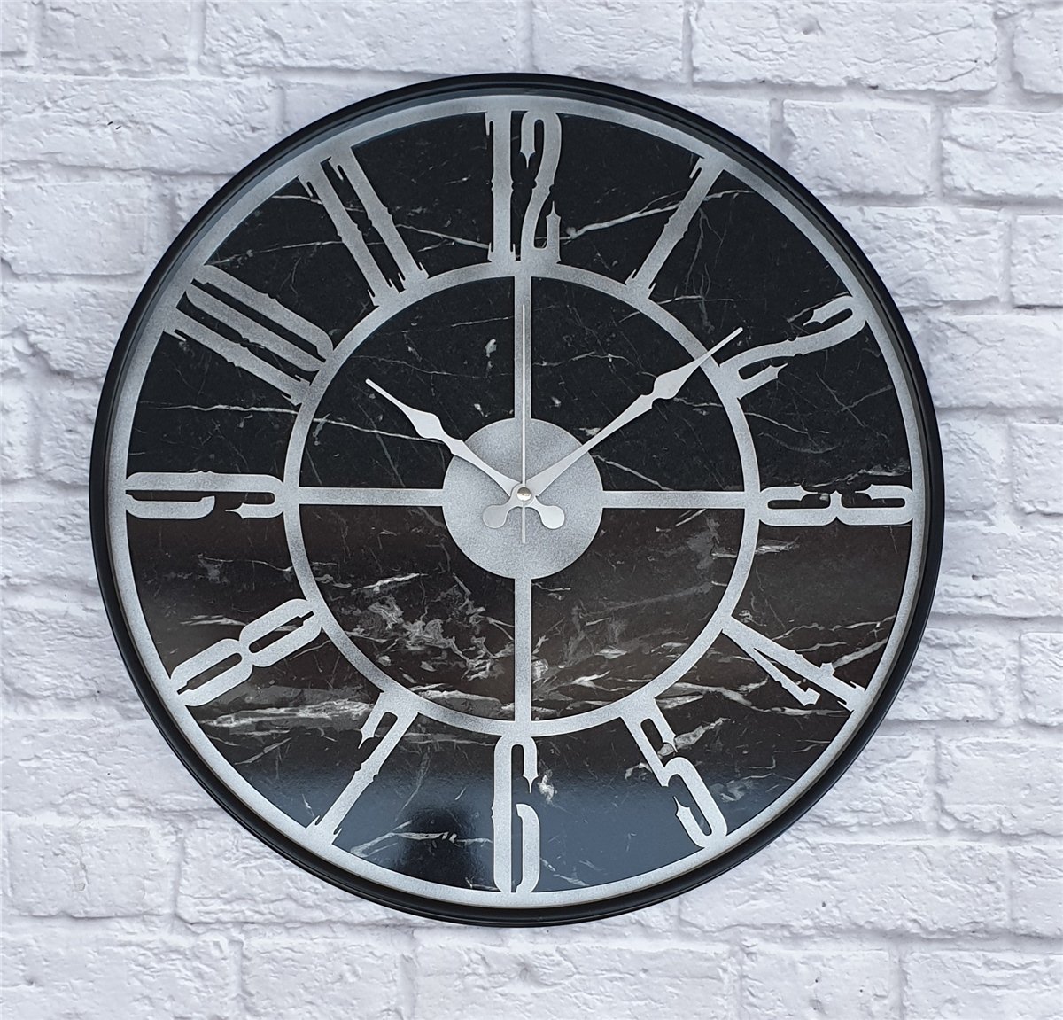 Markakanvas Siyah Metal Kasalı Mermer Desenli  Duvar Saati  ( Çap 50 cm -Çap 80 cm )