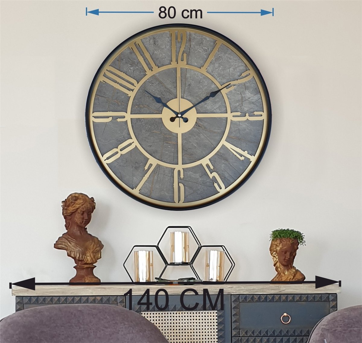 Markakanvas Siyah Metal Kasalı Mermer Desenli  Duvar Saati  ( Çap 50 cm -Çap 80 cm )