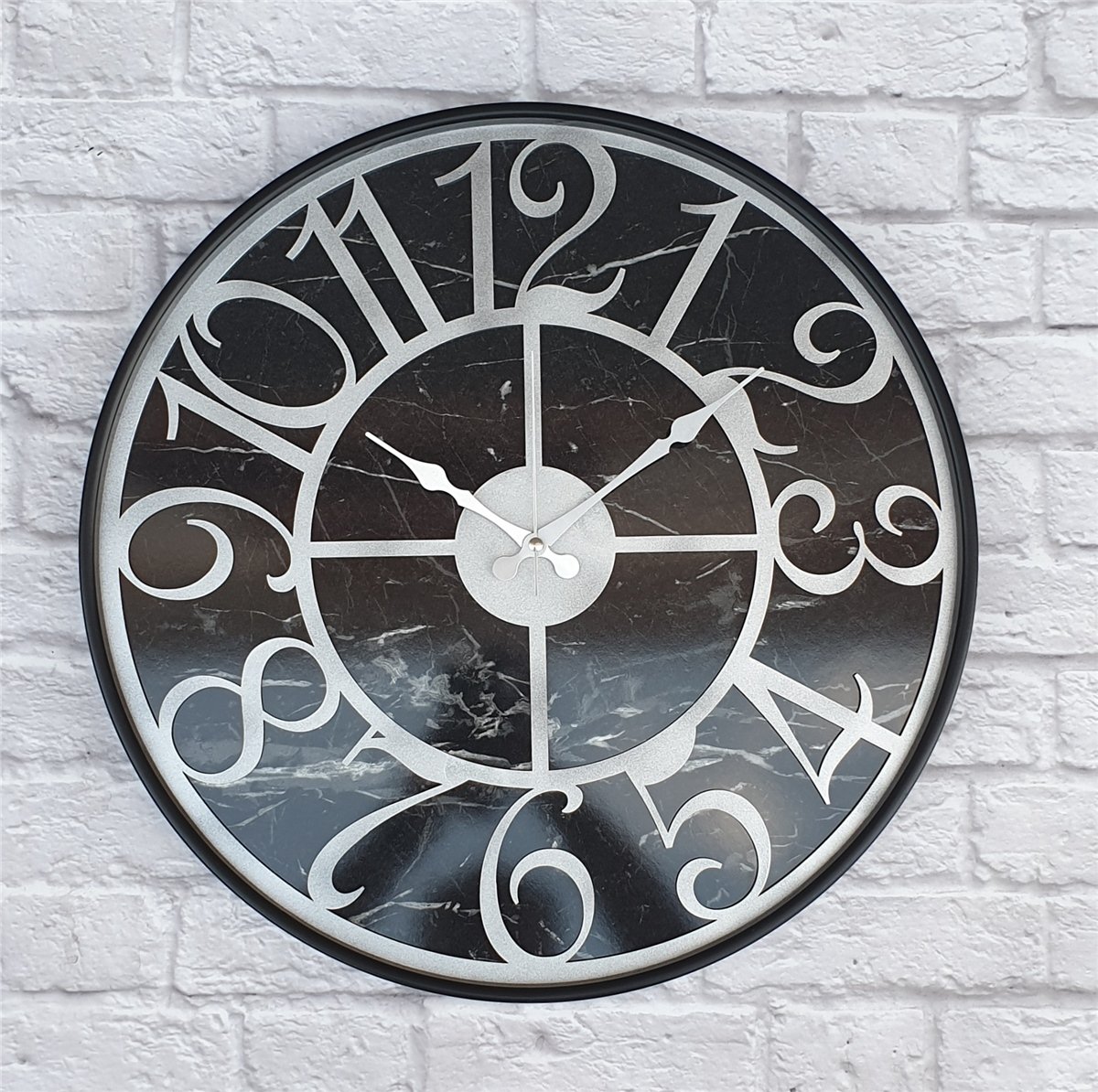 Markakanvas Siyah Metal Kasalı Mermer Desenli  Duvar Saati  ( Çap 50 cm -Çap 80 cm )