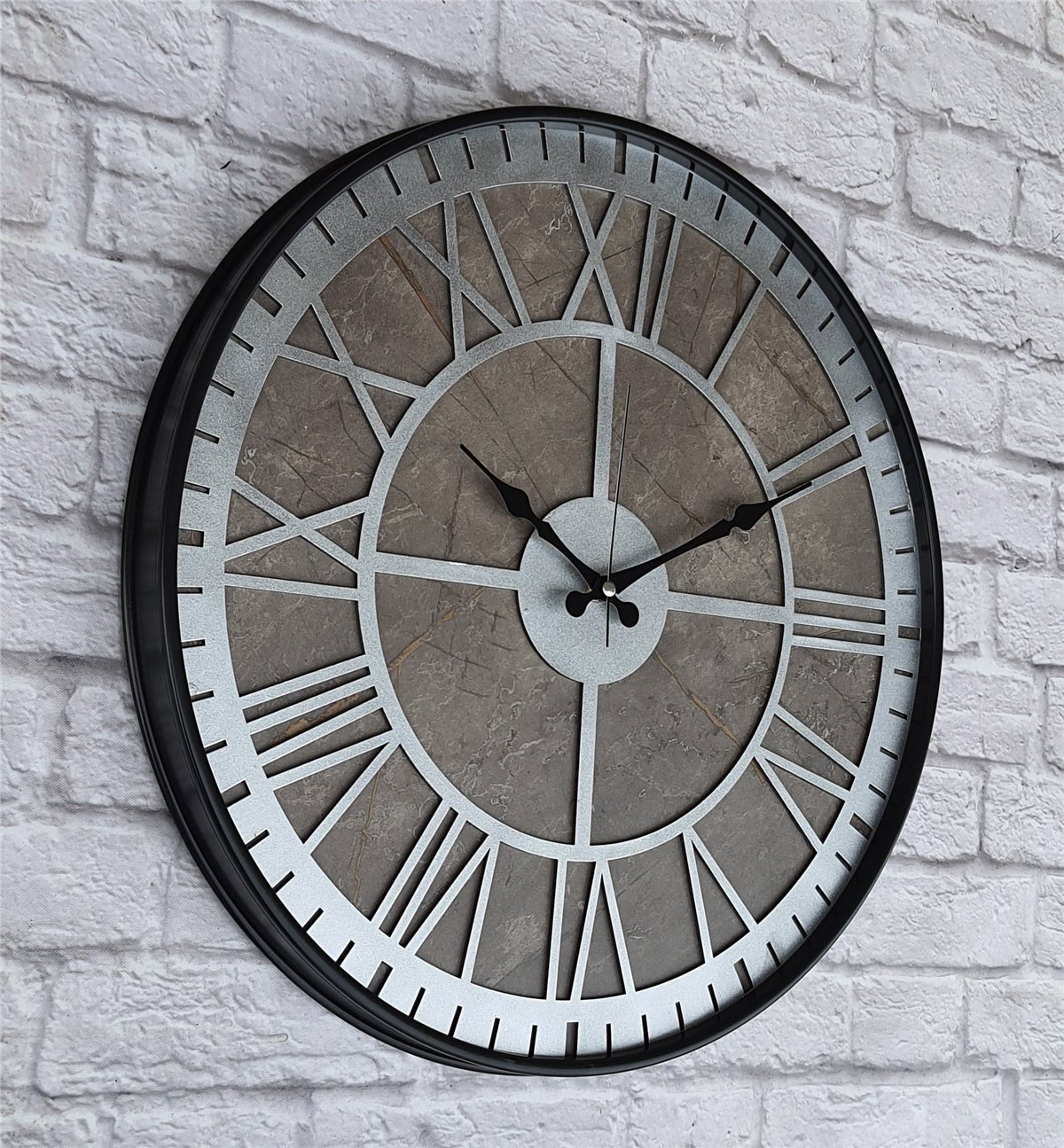 Markakanvas Siyah Metal Kasalı Mermer Desenli  Duvar Saati  ( Çap 50 cm -Çap 80 cm )