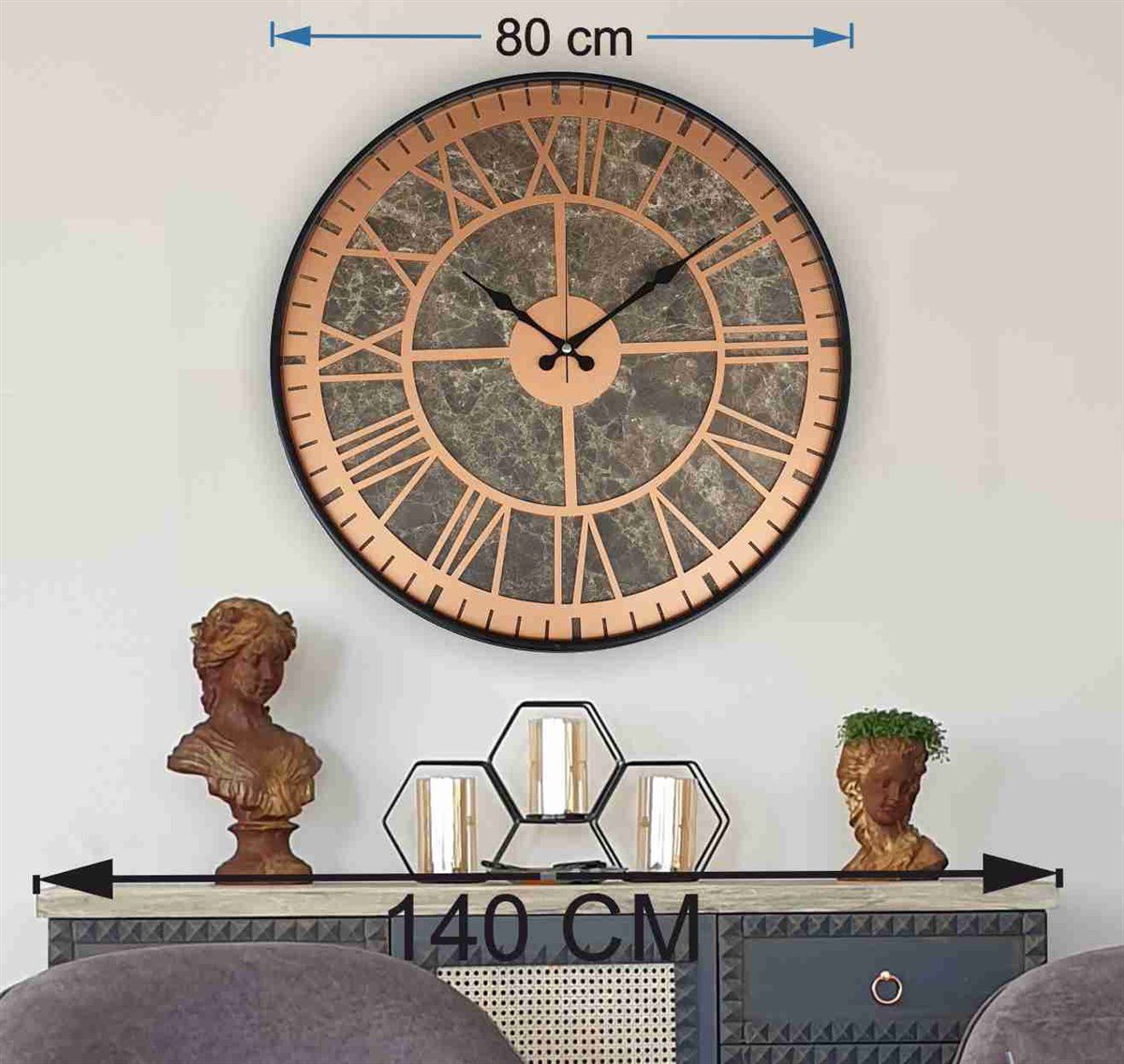 Markakanvas Siyah Metal Kasalı Mermer Desenli  Duvar Saati  ( Çap 50 cm -Çap 80 cm )