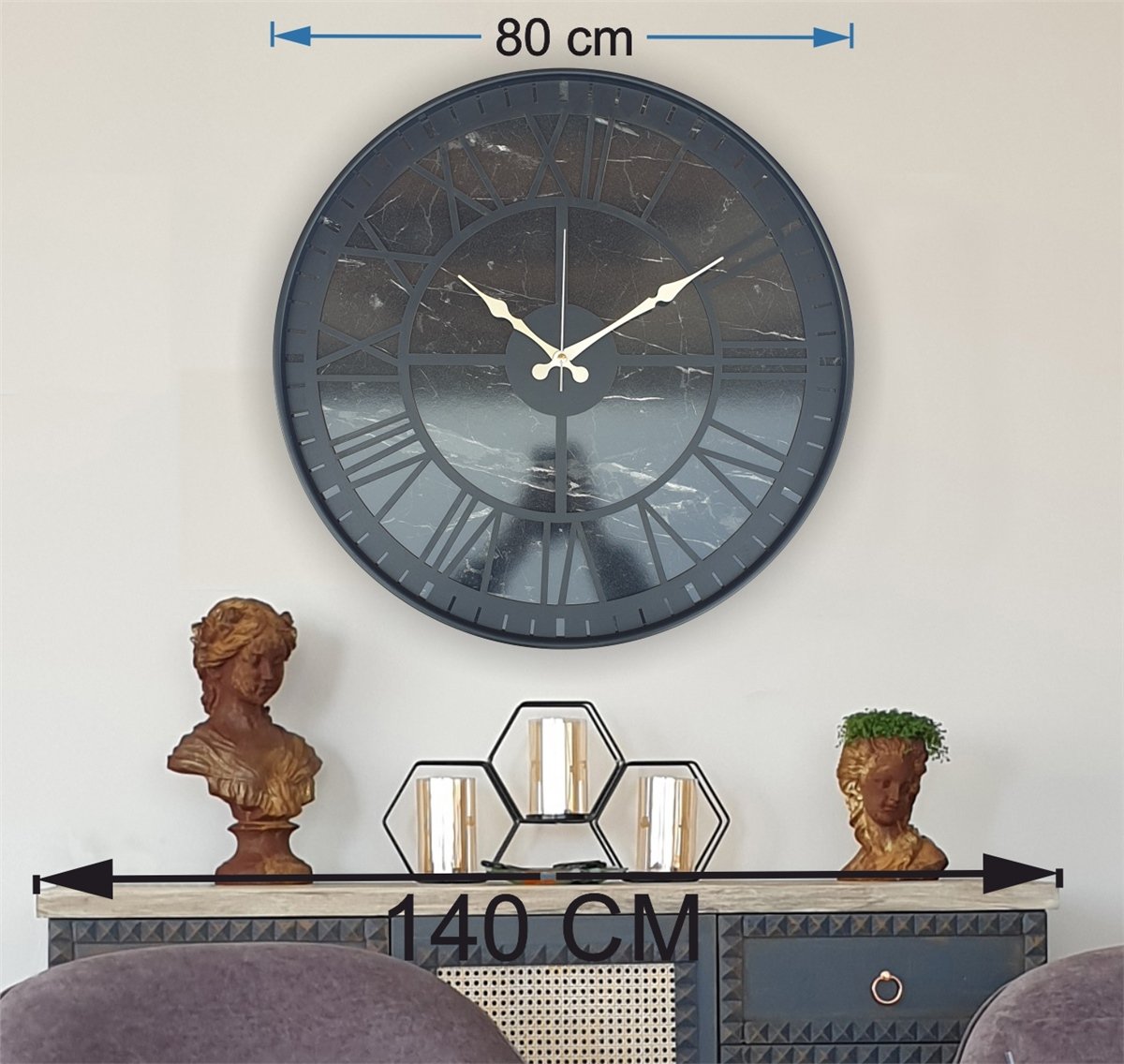 Markakanvas Siyah Metal Kasalı Mermer Desenli  Duvar Saati  ( Çap 50 cm -Çap 80 cm )