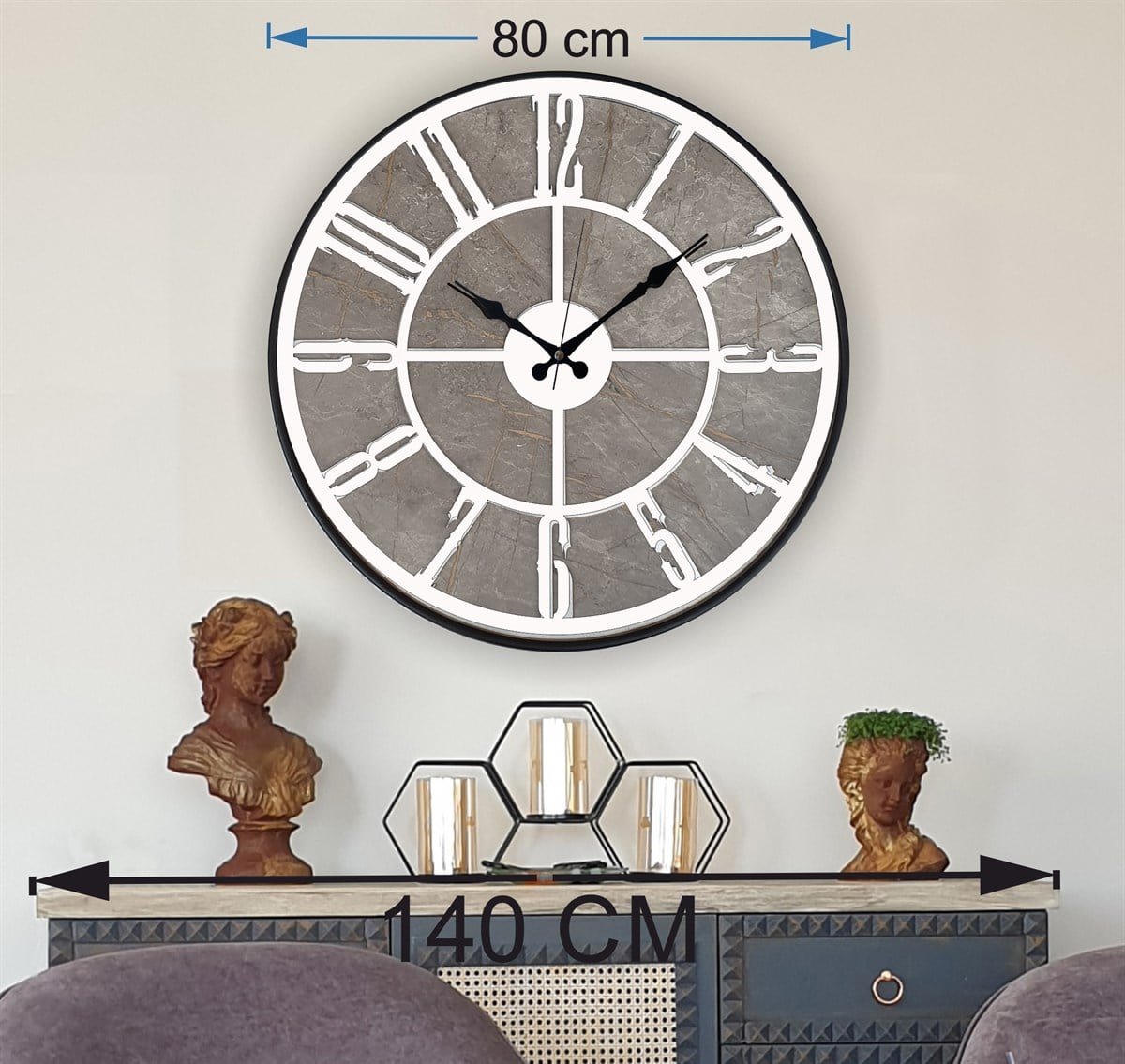 Markakanvas Siyah Metal Kasalı Mermer Desenli  Duvar Saati  ( Çap 50 cm -Çap 80 cm )
