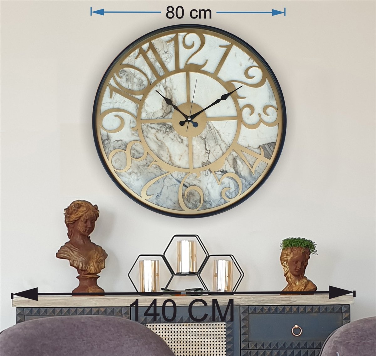Markakanvas Siyah Metal Kasalı Mermer Desenli  Duvar Saati  ( Çap 50 cm -Çap 80 cm )