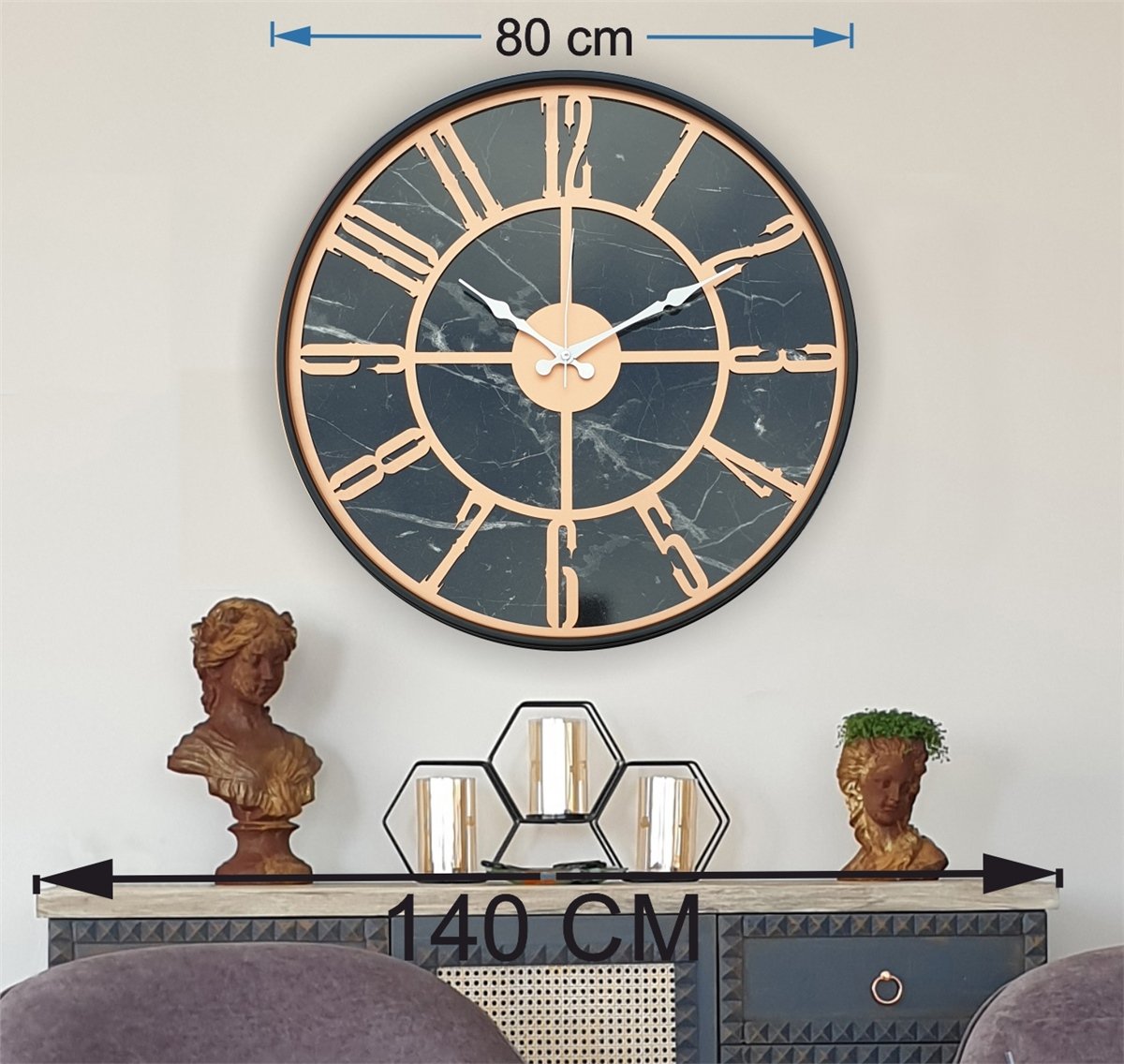Markakanvas Siyah Metal Kasalı Mermer Desenli  Duvar Saati  ( Çap 50 cm -Çap 80 cm )