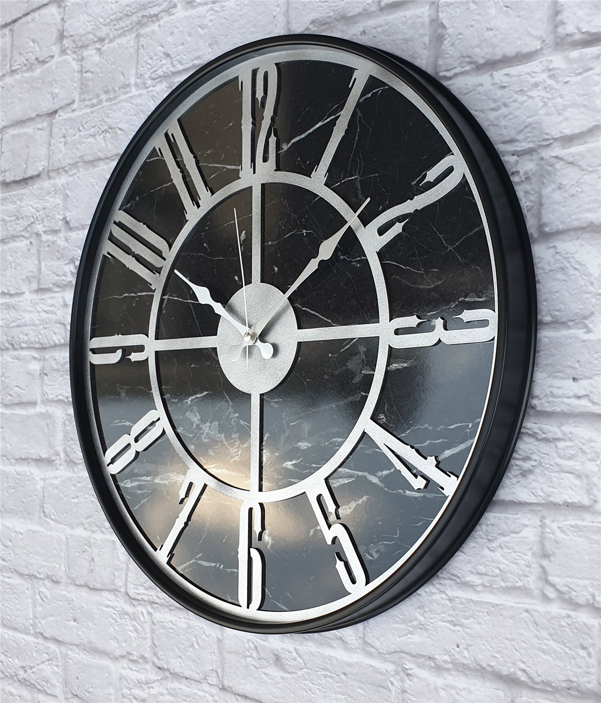 Markakanvas Siyah Metal Kasalı Mermer Desenli  Duvar Saati  ( Çap 50 cm -Çap 80 cm )
