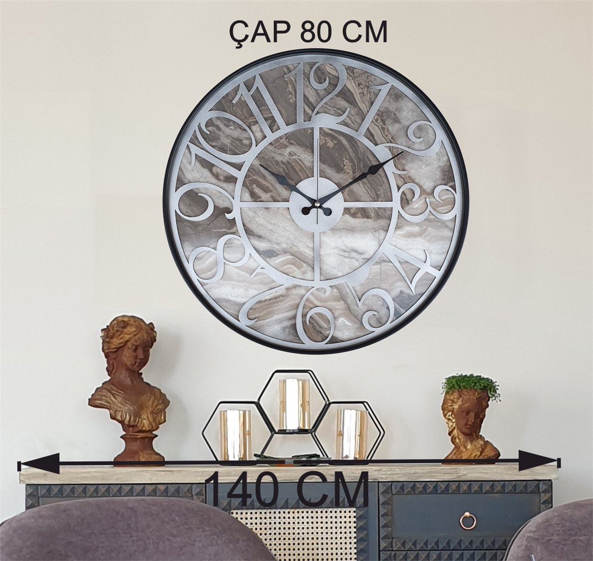 Markakanvas Siyah Metal Kasalı Mermer Desenli  Duvar Saati  ( Çap 50 cm -Çap 80 cm )