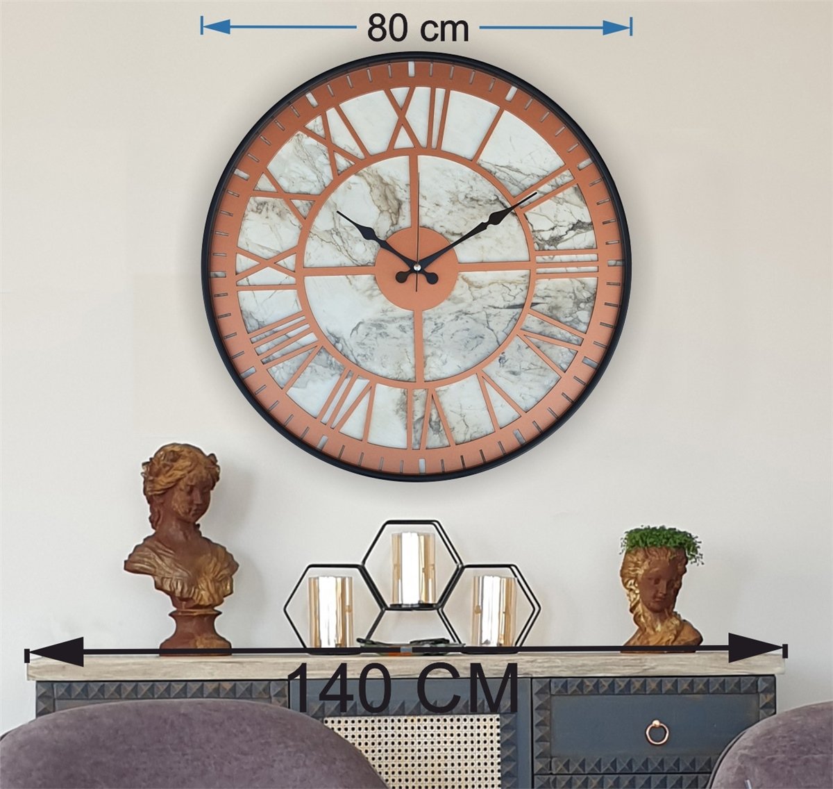 Markakanvas Siyah Metal Kasalı Mermer Desenli  Duvar Saati  ( Çap 50 cm -Çap 80 cm )