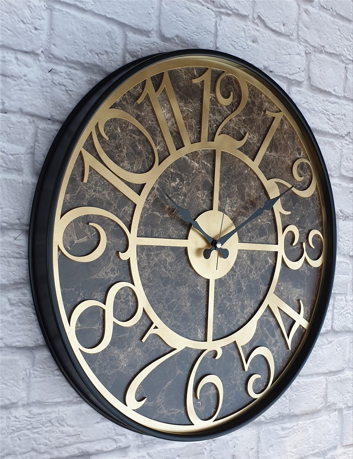 Markakanvas Siyah Metal Kasalı Mermer Desenli  Duvar Saati  ( Çap 50 cm -Çap 80 cm )