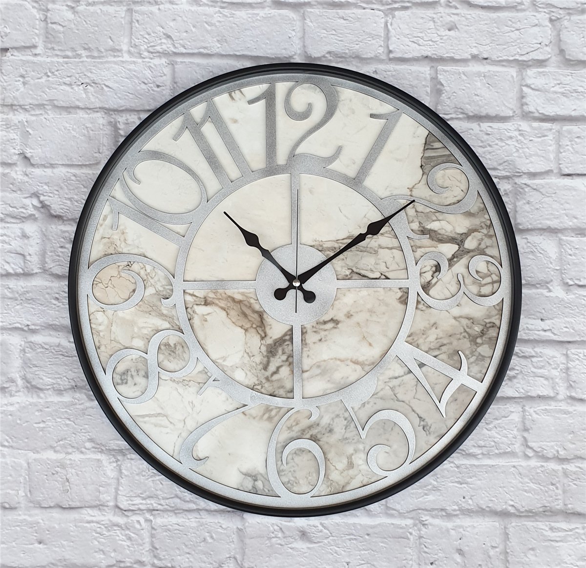 Markakanvas Siyah Metal Kasalı Mermer Desenli  Duvar Saati  ( Çap 50 cm -Çap 80 cm )