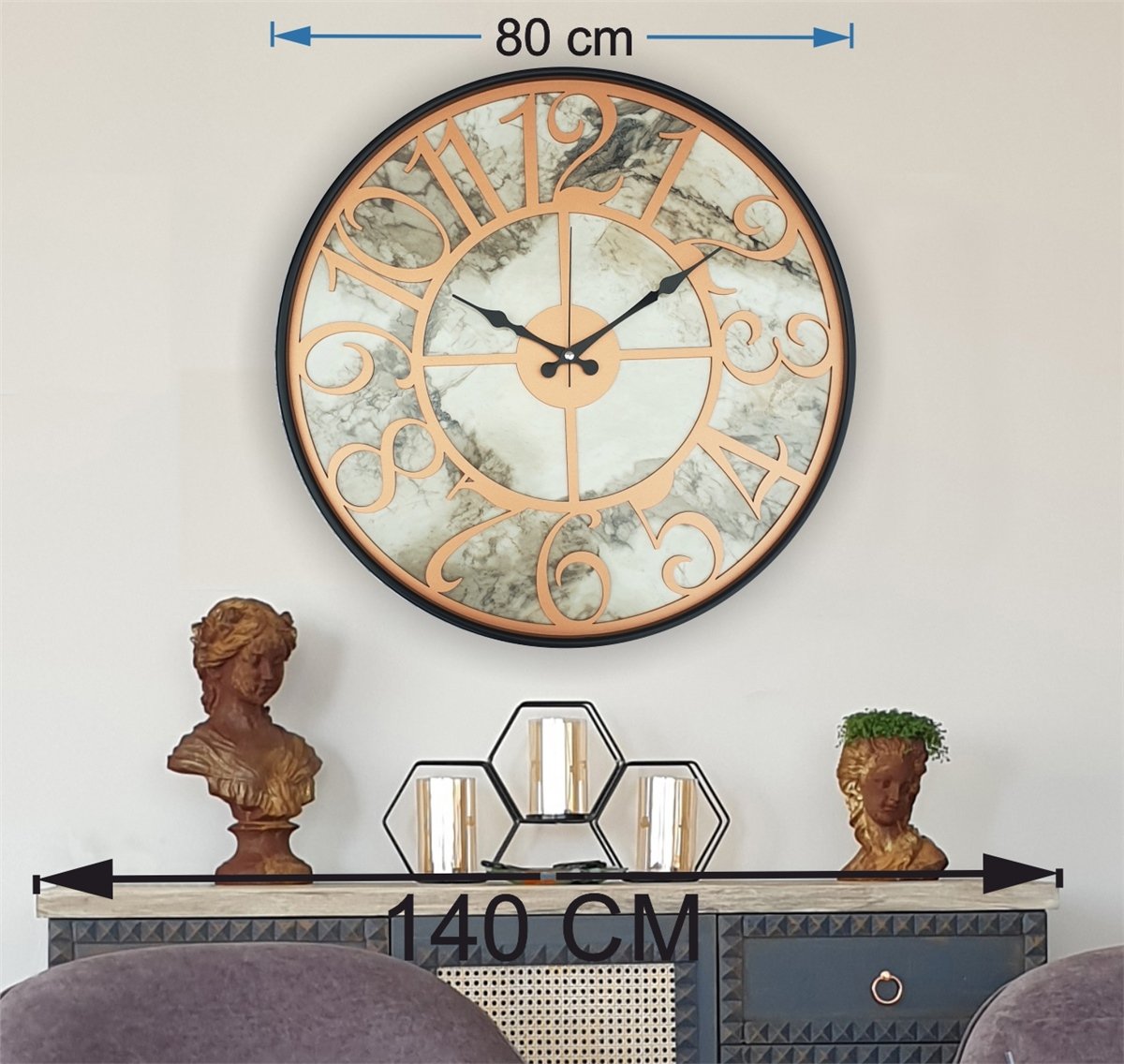 Markakanvas Siyah Metal Kasalı Mermer Desenli  Duvar Saati  ( Çap 50 cm -Çap 80 cm )