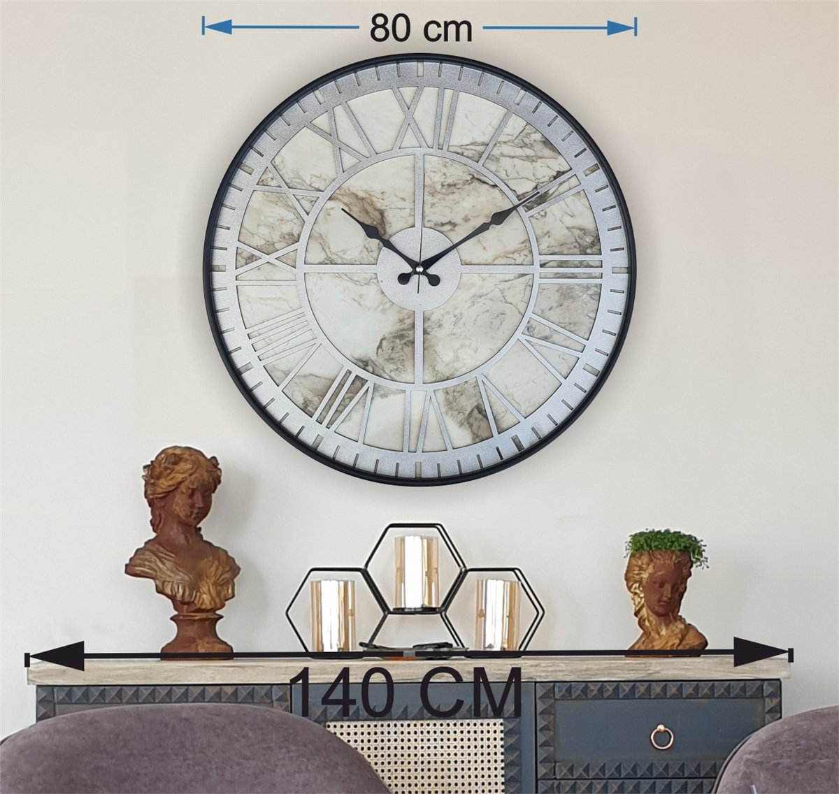 Markakanvas Siyah Metal Kasalı Mermer Desenli  Duvar Saati  ( Çap 50 cm -Çap 80 cm )