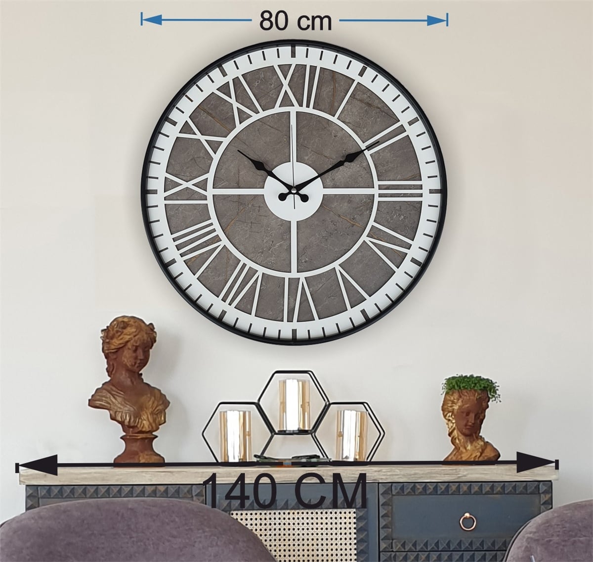 Markakanvas Siyah Metal Kasalı Mermer Desenli  Duvar Saati  ( Çap 50 cm -Çap 80 cm )