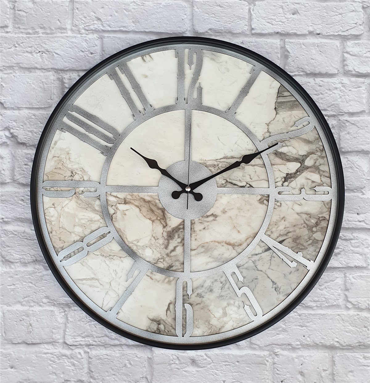 Markakanvas Siyah Metal Kasalı Mermer Desenli  Duvar Saati  ( Çap 50 cm -Çap 80 cm )