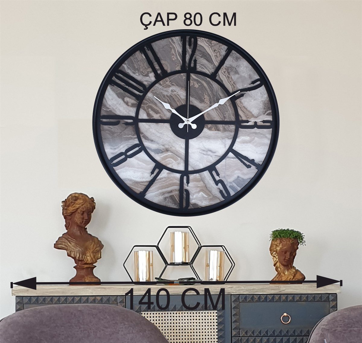 Markakanvas Siyah Metal Kasalı Mermer Desenli  Duvar Saati  ( Çap 50 cm -Çap 80 cm )