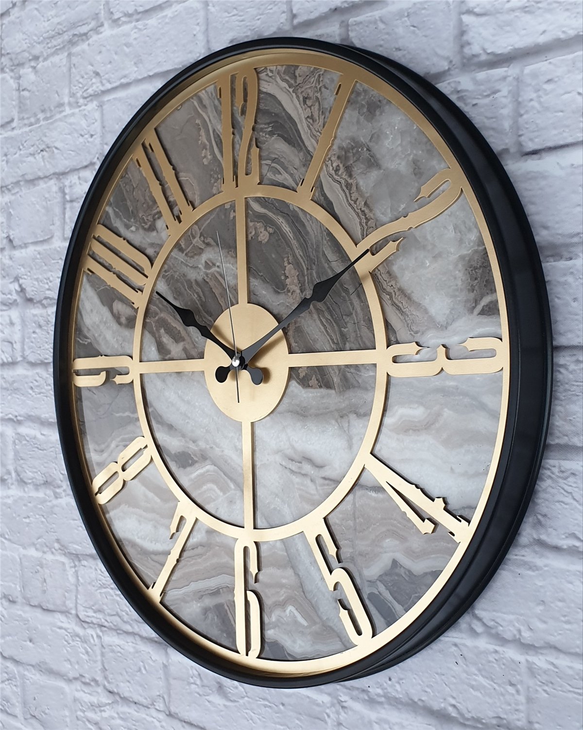 Markakanvas Siyah Metal Kasalı Mermer Desenli  Duvar Saati  ( Çap 50 cm -Çap 80 cm )