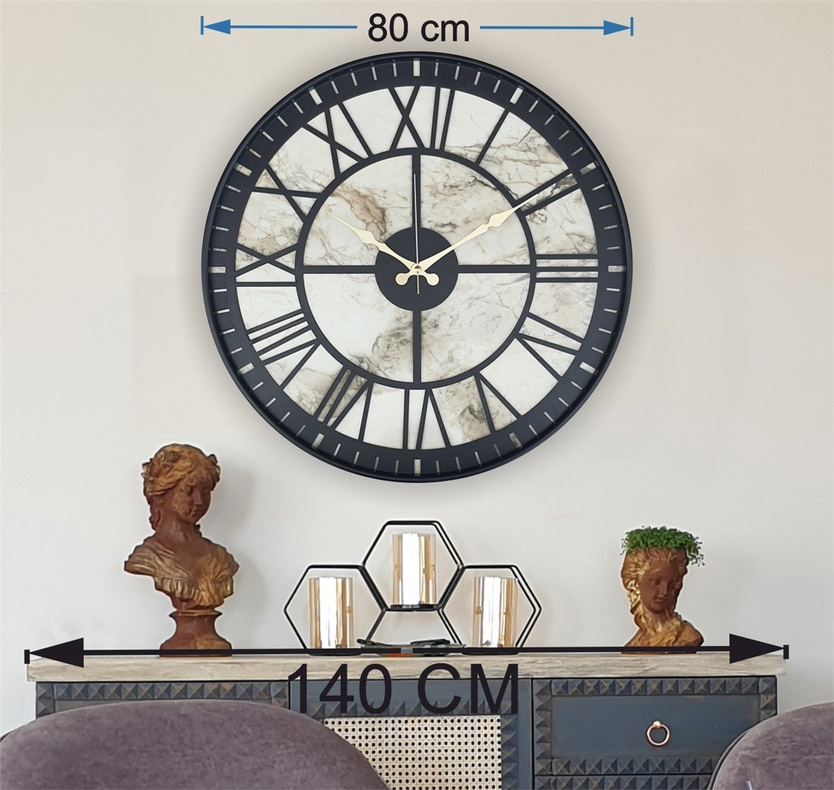 Markakanvas Siyah Metal Kasalı Mermer Desenli  Duvar Saati  ( Çap 50 cm -Çap 80 cm )