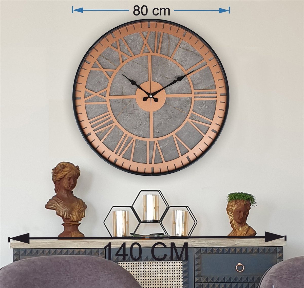 Markakanvas Siyah Metal Kasalı Mermer Desenli  Duvar Saati  ( Çap 50 cm -Çap 80 cm )