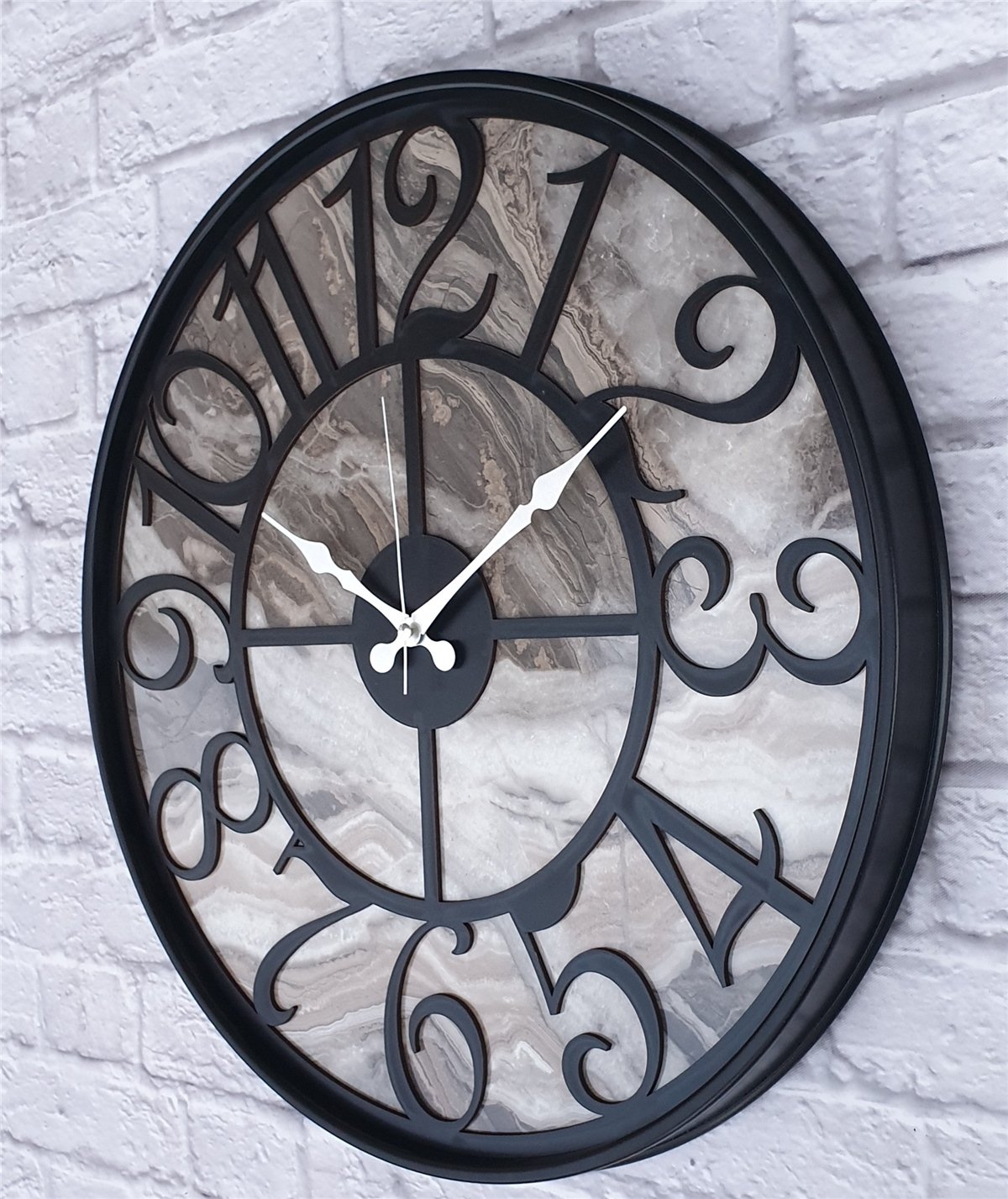 Markakanvas Siyah Metal Kasalı Mermer Desenli  Duvar Saati  ( Çap 50 cm -Çap 80 cm )