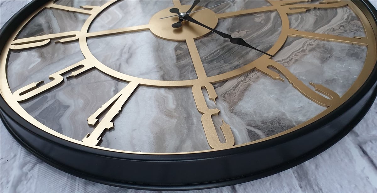 Markakanvas Siyah Metal Kasalı Mermer Desenli  Duvar Saati  ( Çap 50 cm -Çap 80 cm )