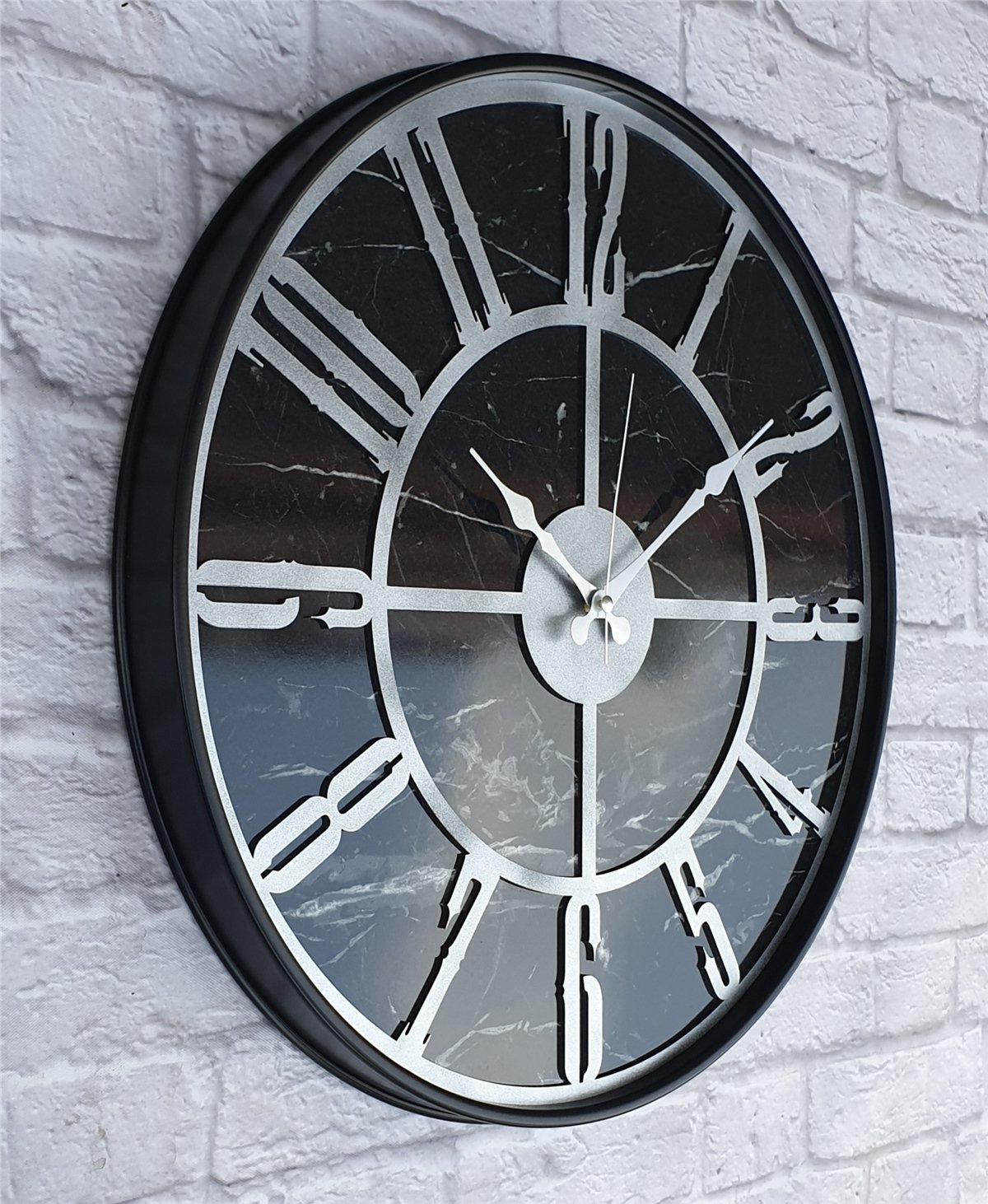 Markakanvas Siyah Metal Kasalı Mermer Desenli  Duvar Saati  ( Çap 50 cm -Çap 80 cm )