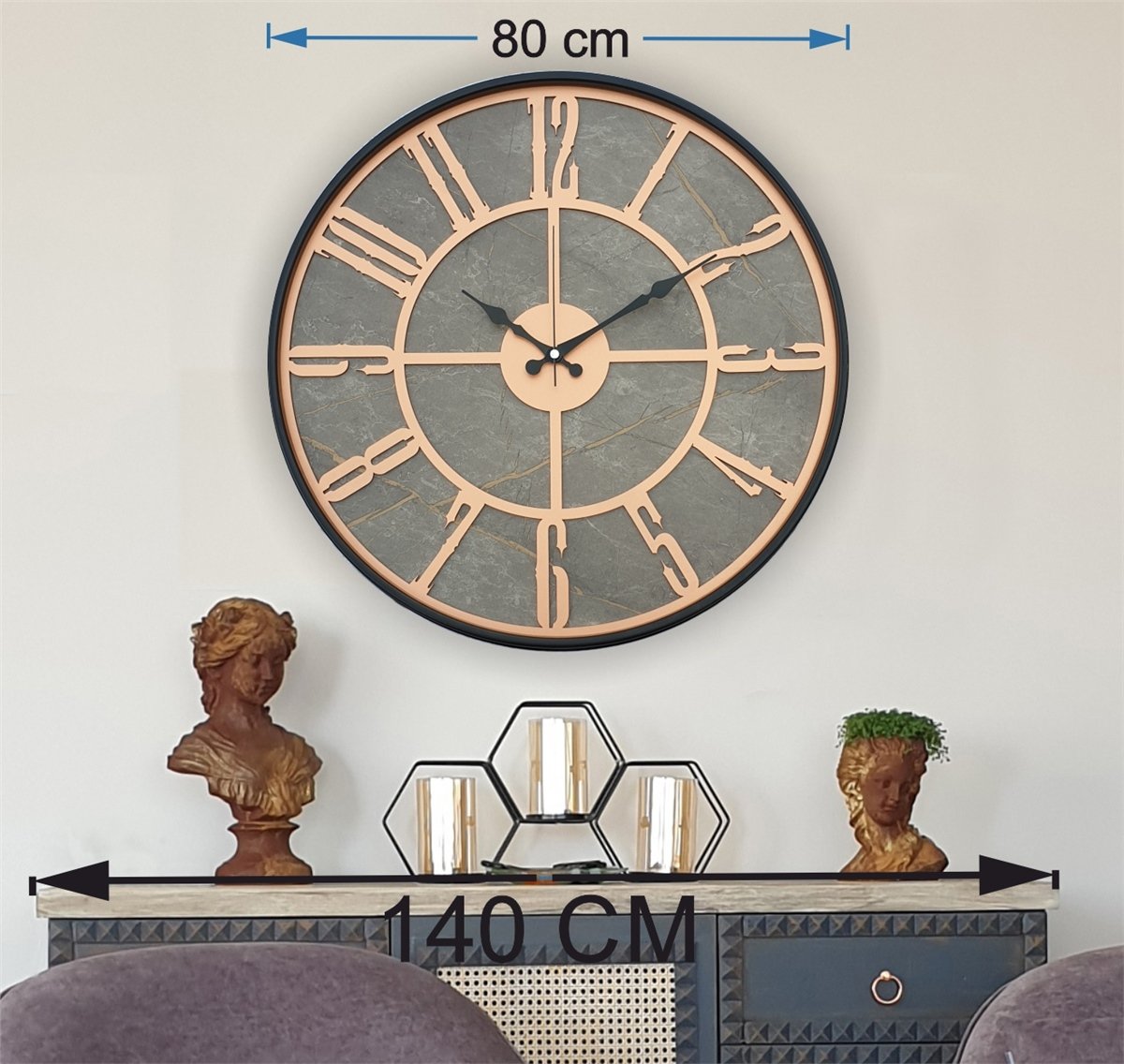 Markakanvas Siyah Metal Kasalı Mermer Desenli  Duvar Saati  ( Çap 50 cm -Çap 80 cm )