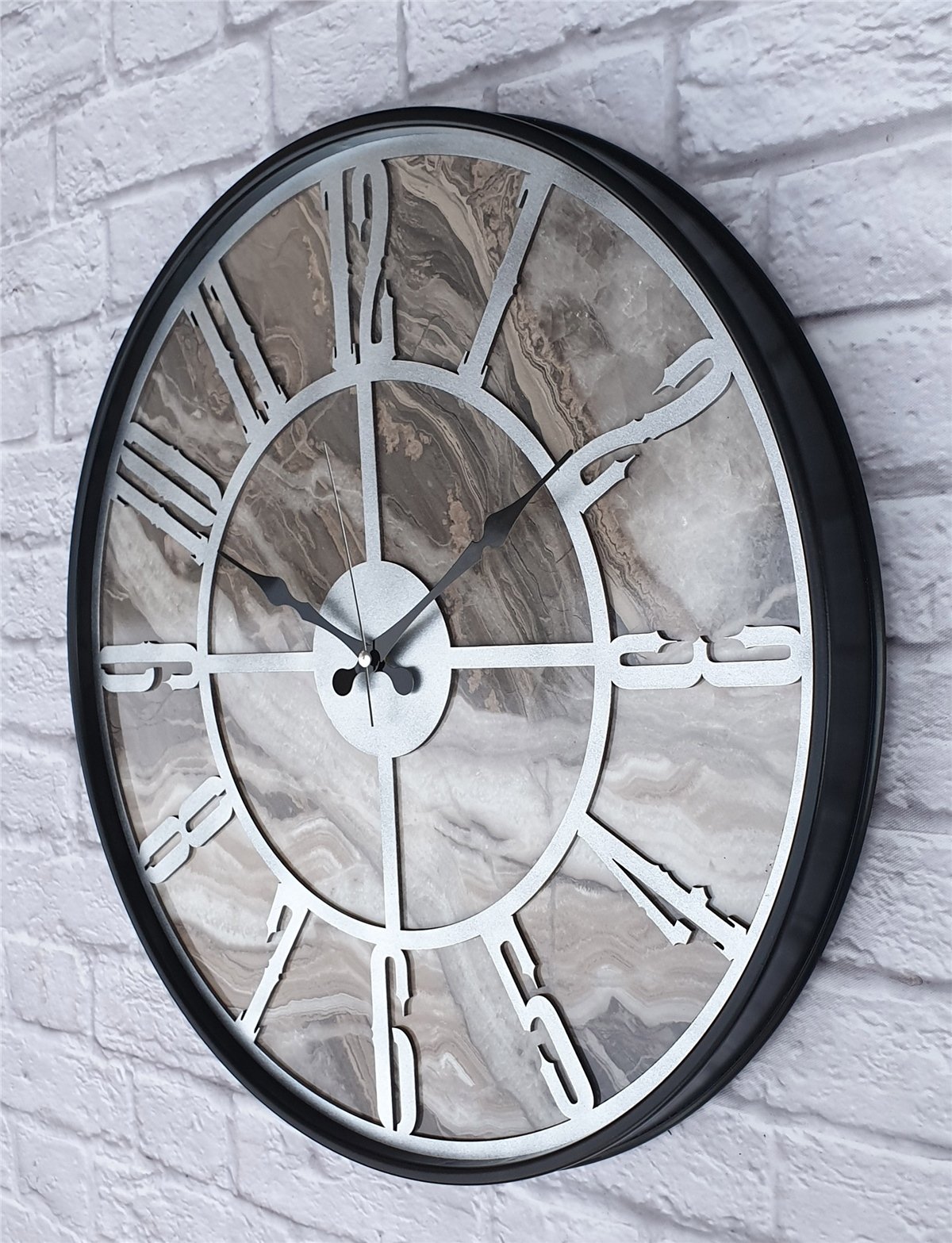Markakanvas Siyah Metal Kasalı Mermer Desenli  Duvar Saati  ( Çap 50 cm -Çap 80 cm )