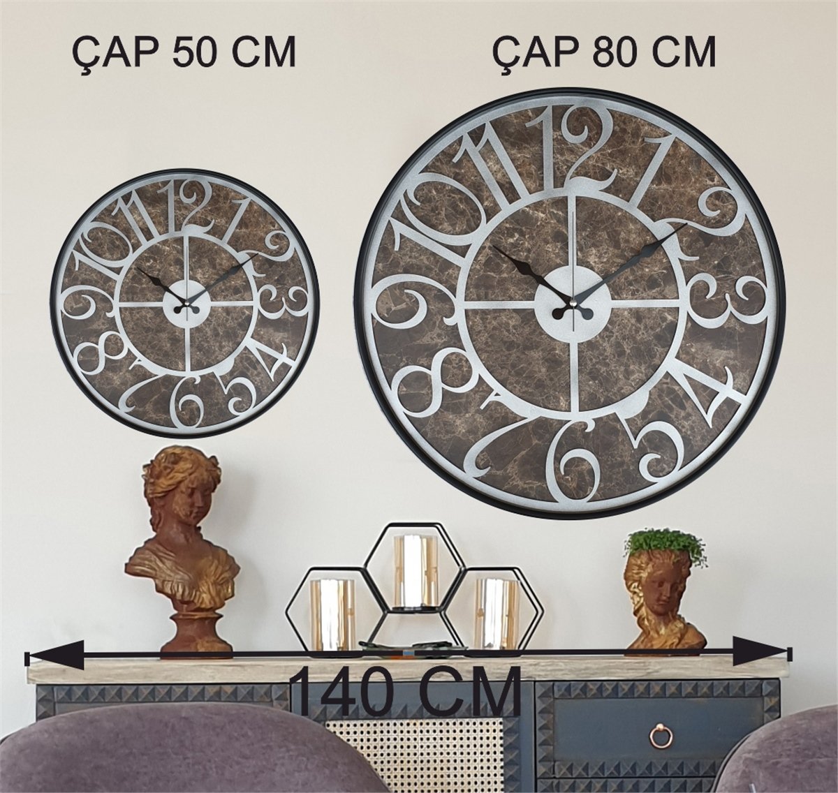 Markakanvas Siyah Metal Kasalı Mermer Desenli  Duvar Saati  ( Çap 50 cm -Çap 80 cm )