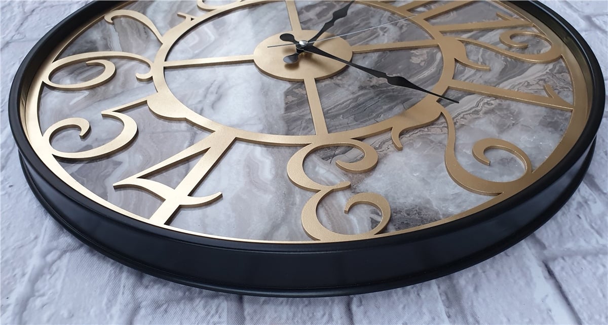 Markakanvas Siyah Metal Kasalı Mermer Desenli  Duvar Saati  ( Çap 50 cm -Çap 80 cm )