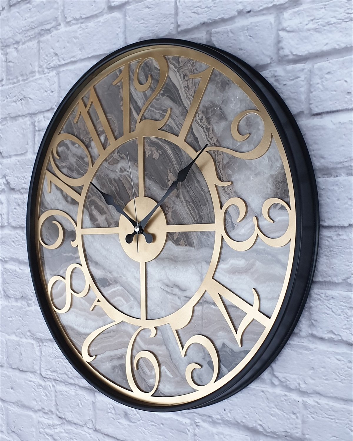 Markakanvas Siyah Metal Kasalı Mermer Desenli  Duvar Saati  ( Çap 50 cm -Çap 80 cm )