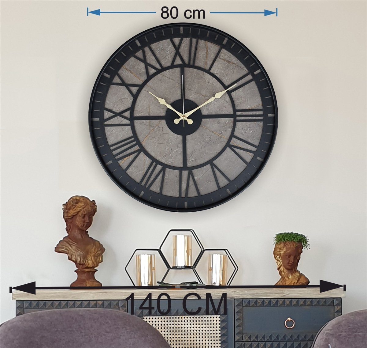 Markakanvas Siyah Metal Kasalı Mermer Desenli  Duvar Saati  ( Çap 50 cm -Çap 80 cm )
