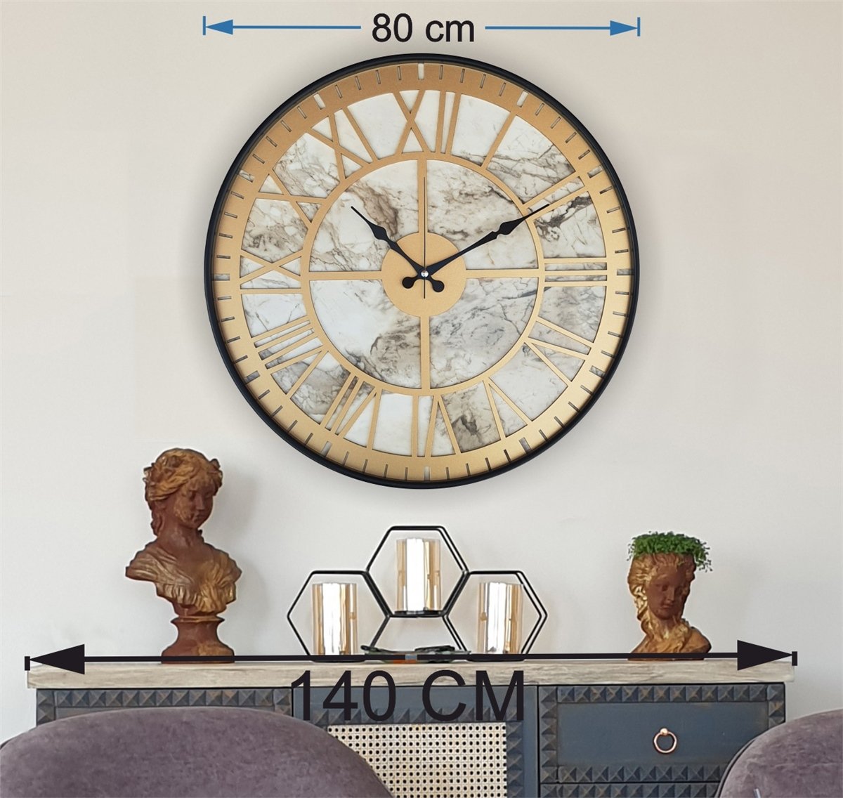 Markakanvas Siyah Metal Kasalı Mermer Desenli  Duvar Saati  ( Çap 50 cm -Çap 80 cm )
