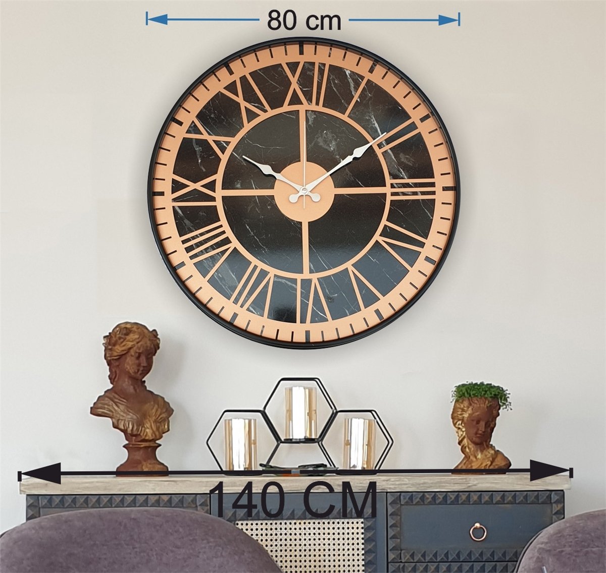 Markakanvas Siyah Metal Kasalı Mermer Desenli  Duvar Saati  ( Çap 50 cm -Çap 80 cm )