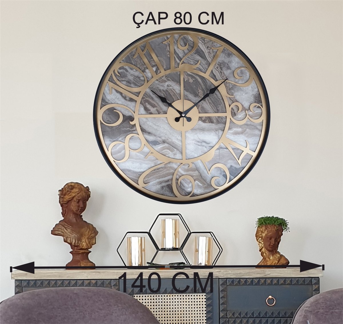 Markakanvas Siyah Metal Kasalı Mermer Desenli  Duvar Saati  ( Çap 50 cm -Çap 80 cm )
