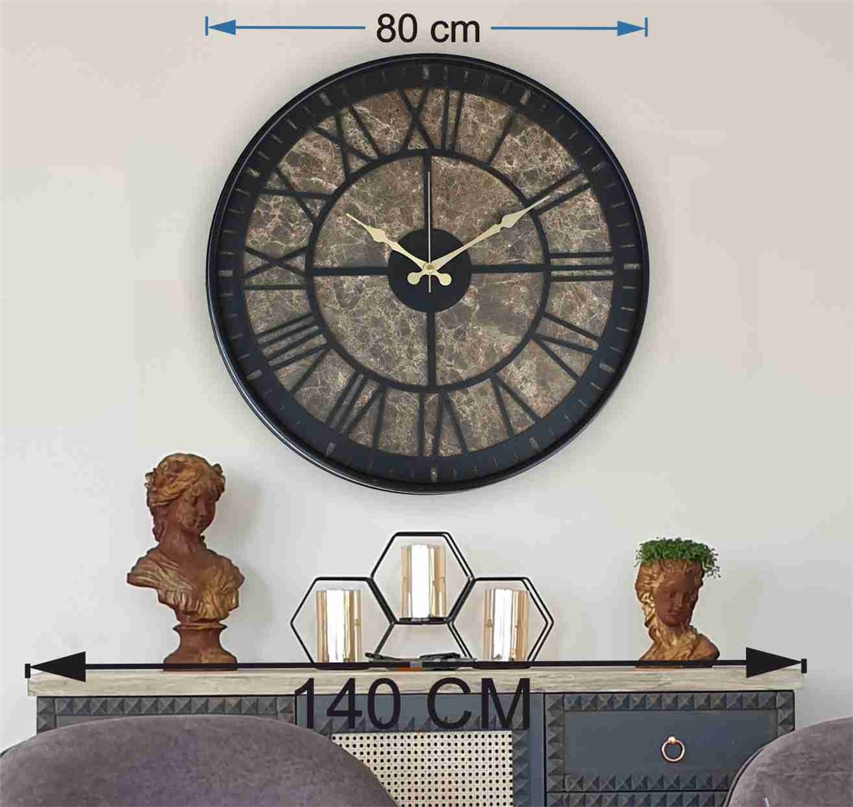 Markakanvas Siyah Metal Kasalı Mermer Desenli  Duvar Saati  ( Çap 50 cm -Çap 80 cm )