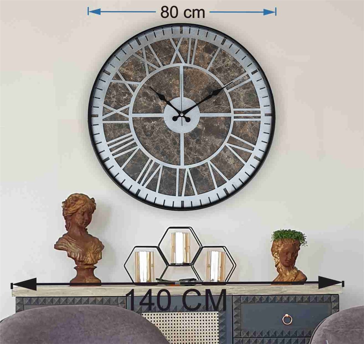 Markakanvas Siyah Metal Kasalı Mermer Desenli  Duvar Saati  ( Çap 50 cm -Çap 80 cm )