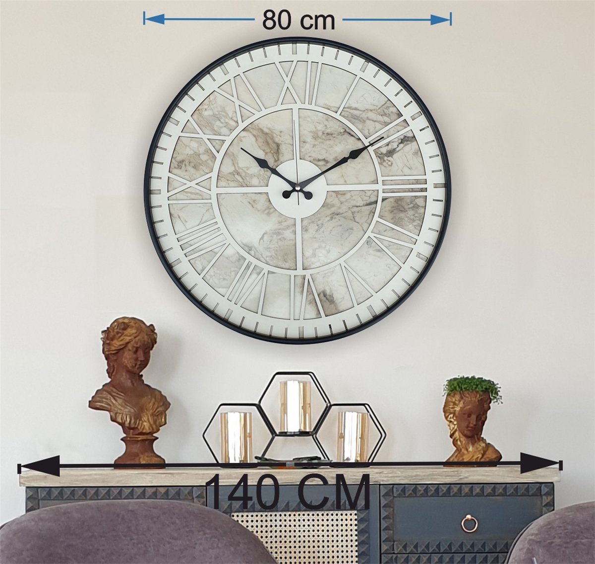 Markakanvas Siyah Metal Kasalı Mermer Desenli  Duvar Saati  ( Çap 50 cm -Çap 80 cm )