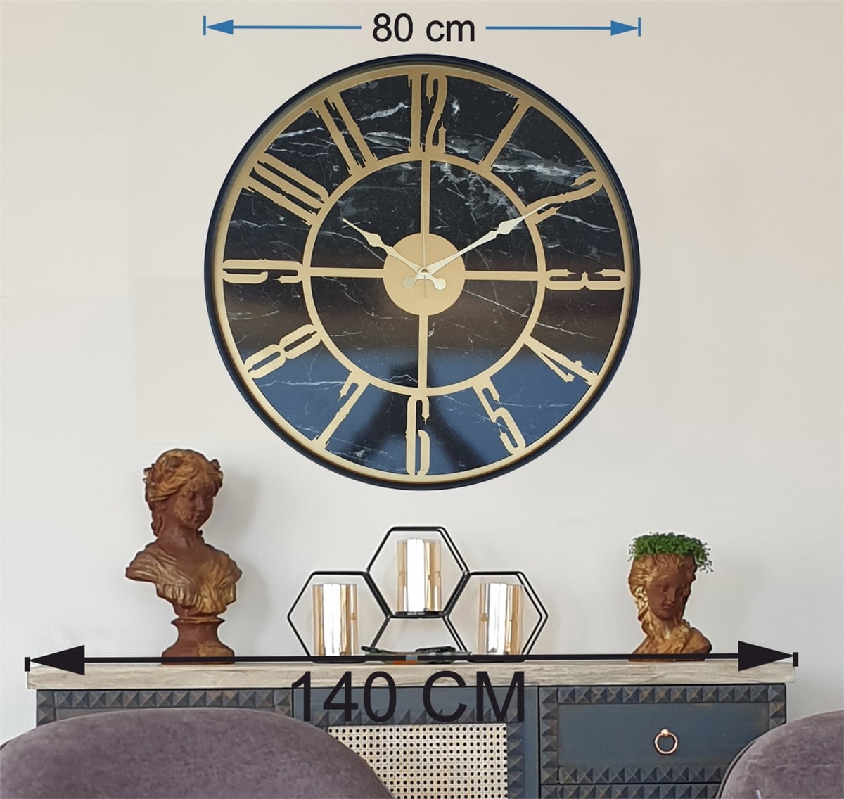 Markakanvas Siyah Metal Kasalı Mermer Desenli  Duvar Saati  ( Çap 50 cm -Çap 80 cm )