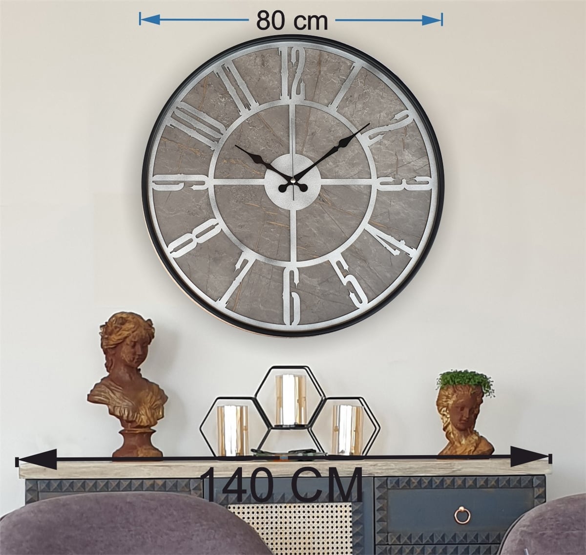 Markakanvas Siyah Metal Kasalı Mermer Desenli  Duvar Saati  ( Çap 50 cm -Çap 80 cm )