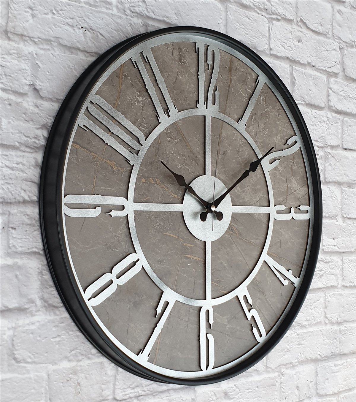 Markakanvas Siyah Metal Kasalı Mermer Desenli  Duvar Saati  ( Çap 50 cm -Çap 80 cm )