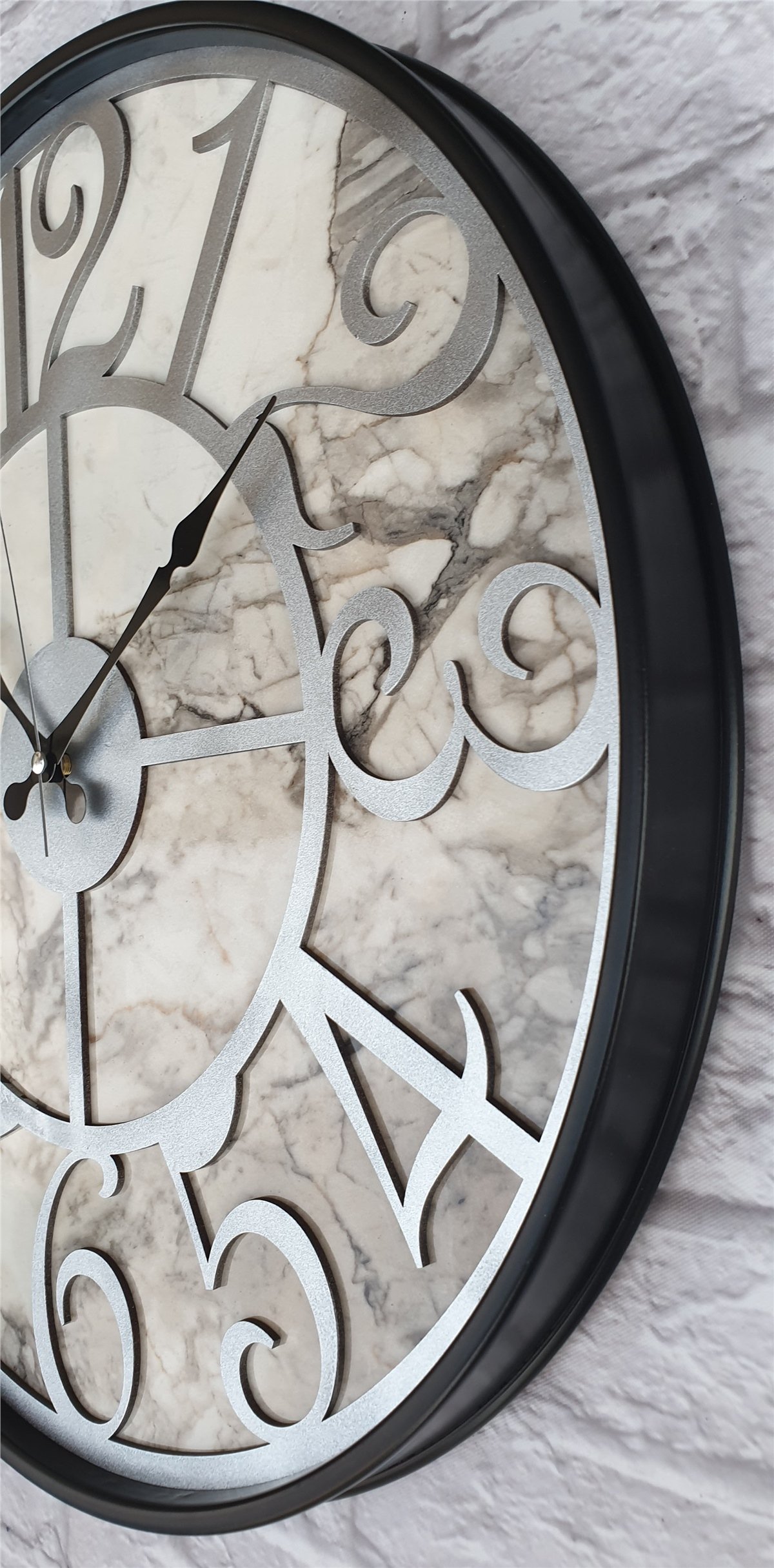 Markakanvas Siyah Metal Kasalı Mermer Desenli  Duvar Saati  ( Çap 50 cm -Çap 80 cm )